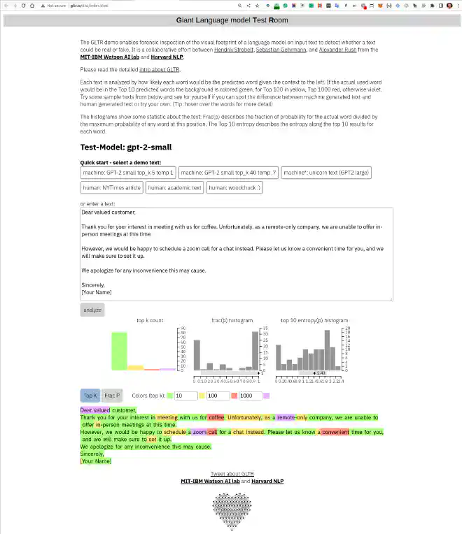 AI Content Detection with GLTR - Giant Language model Test Room fails as well