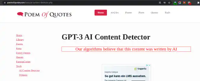 GPT3 Content Detection Successful with PoemOfQuotes