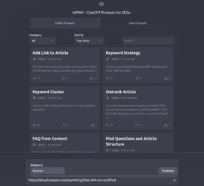 Screenshot des Outrank Article Prompts in AIPRM
